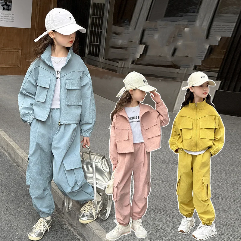 

School Girls Two-piece Setes Autumn Turtleneck Long Sleeves Coat+Elastic Waist Cargo Pant 4-14Y Girls Suit Children Girls Outfit