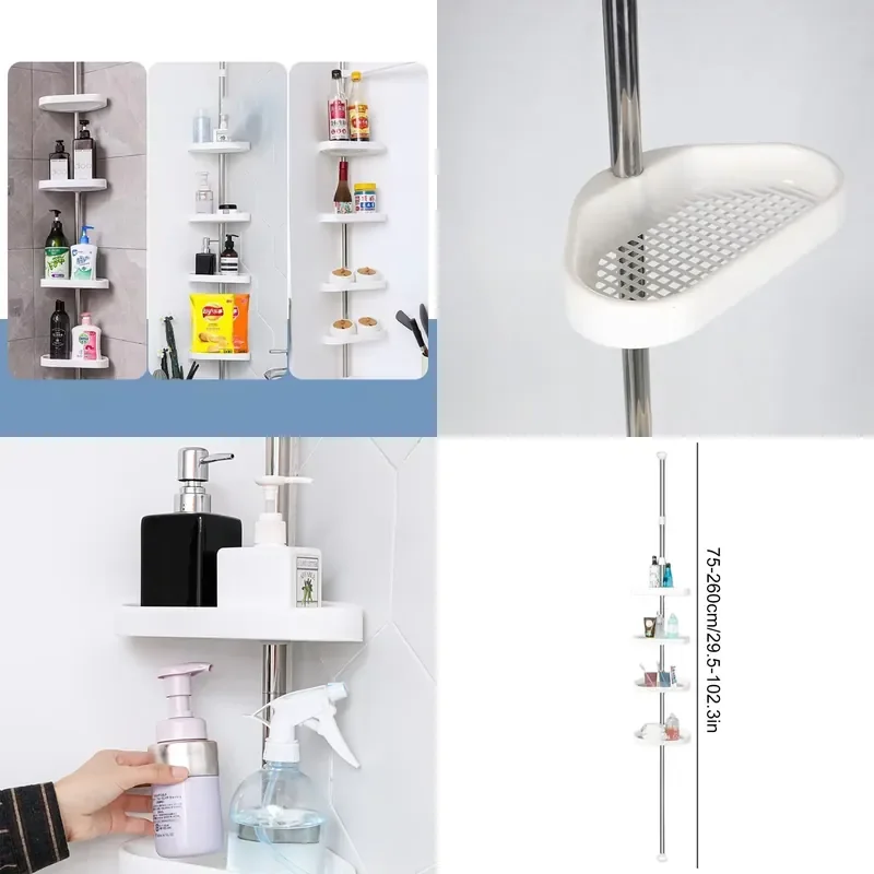 Bathroom Corner Shower Tension Pole Rust Proof Telescopic Rod 4 Tier Storage Rack Shower Organizer Stainless Steel Decor