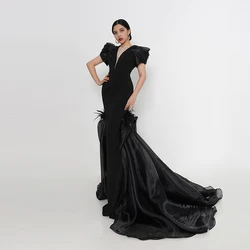 Baisha Original Evening Dress New Fashion V Neck Black Mermaid Bespoke Prom Dresses With Train Ceremony Formal Occasions W23#