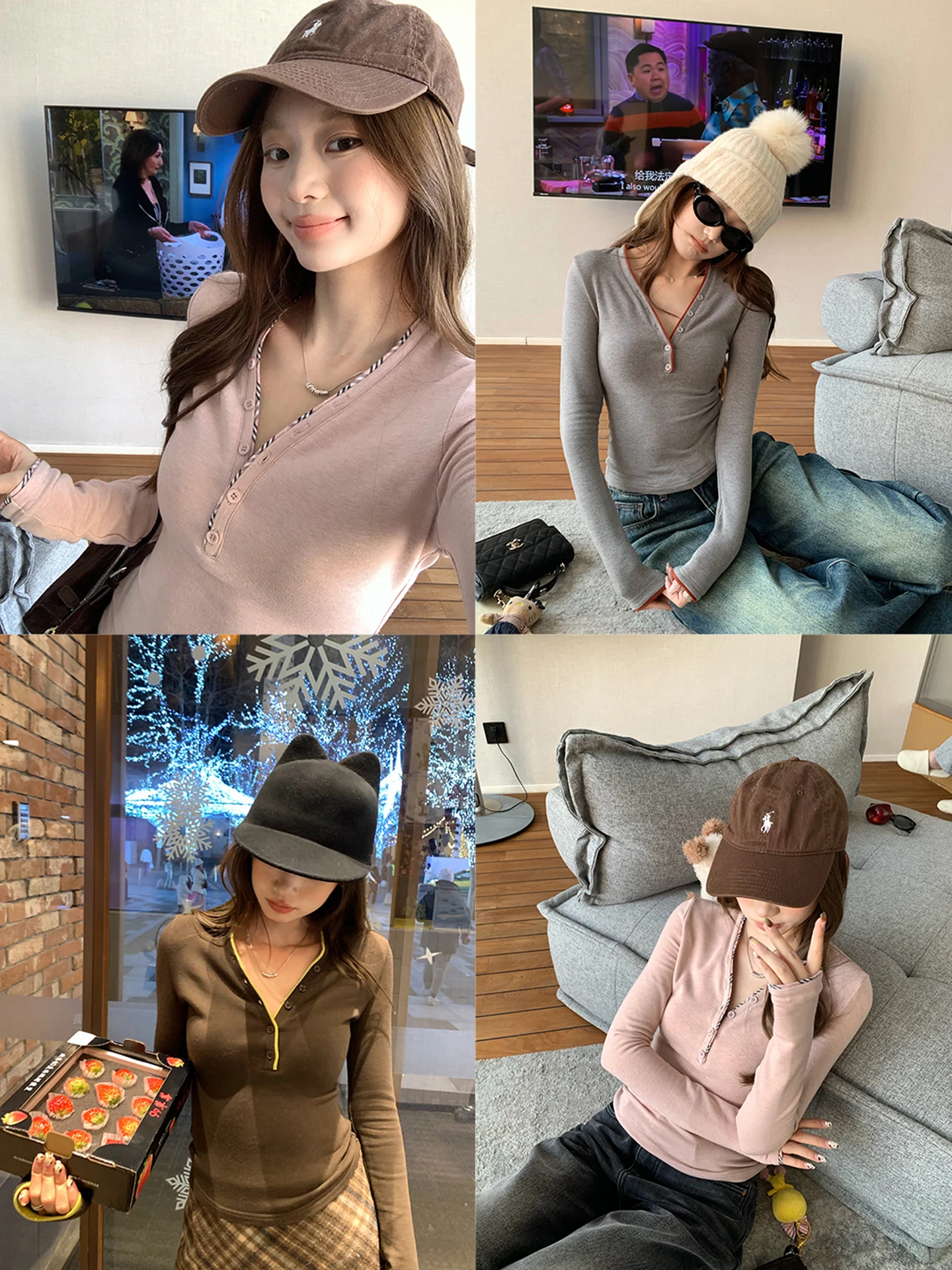 

Slim Fit Long Sve V-Ne Fce Lined Base Layer irt Women's Inner Wear T-irt Korean Sle Campus Office Streetwear