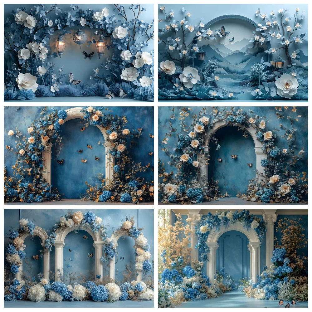 Blue Flower Butterfly Photography Backdrop Vintage Arch Door Floral Kids Birthday Wedding Art Portrait Photo Background Decor