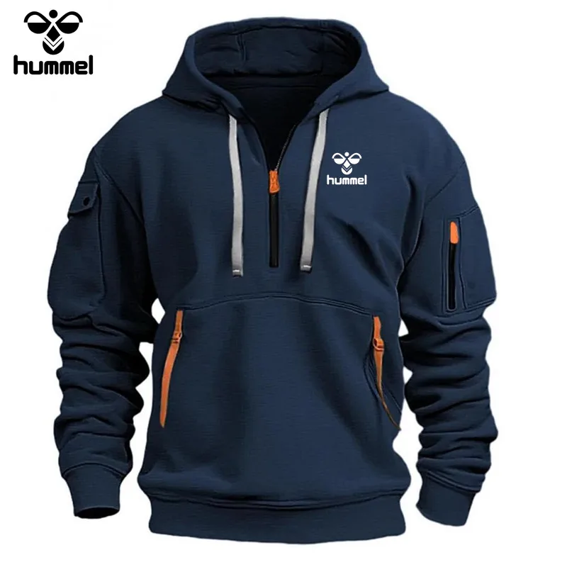 2024 New Brand HUMMEL Pocket Zipper Wool Hoodie Casual Shirt, Men and Women Plus Size Loose Pullover Fashion Sweatshirt Top