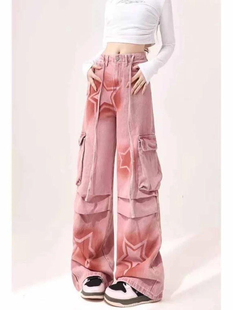 ADAgirl-pantalones vaqueros Cargo holgados para Mujer, ropa de calle de Hip Hop, pantalones vaqueros de paracaídas de estrella Kpop, pantalones casuales Harajuku, color rosa Y2k