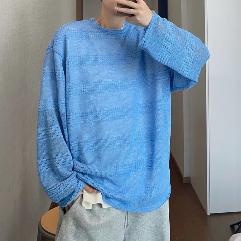 Extra Large Men's Summer Vacation Thin Sweater Lazy Style Light Blue Mesh Breathable Long Sleeve T-shirt Men's Knitted Tops