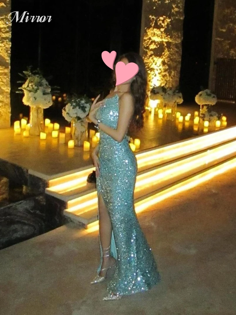 

Mirror Dress Elegant Vintage Sweet Sexy Blue Mermaid Shiny Sequins Slit Customize Formal Occasion Prom Dress Evening Party Gowns