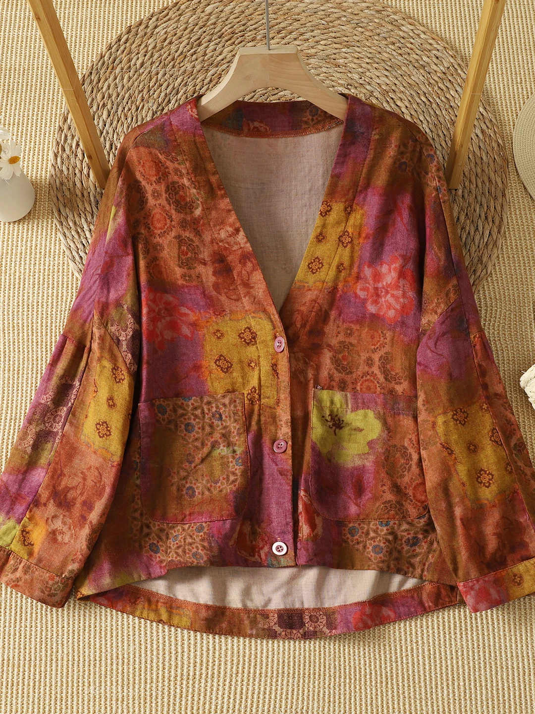 Authentic Fall New Vintage Print Jacket Loose Meat Covering Versatile Large Pocket Top Women's Cotton Polyester Blend Short Coat