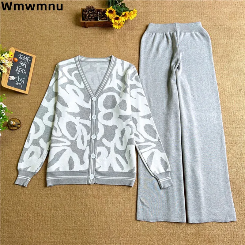 Elegant Print Design Women Knitted 2 Piece Sets Korea V-neck Sweater Cardigan Tops Outfit Elastic High Waist Wide Leg Pants Suit