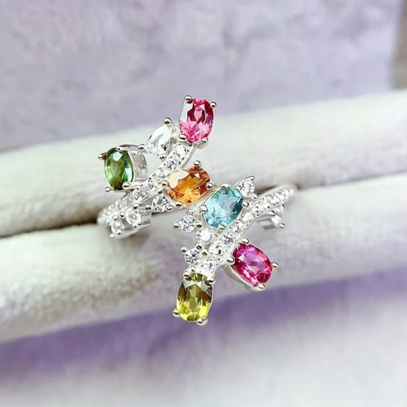 Multicolor Natural Tourmaline Ring with Certificate  3mm*4mm Tourmaline Jewelry October Birthstone Ring for Women