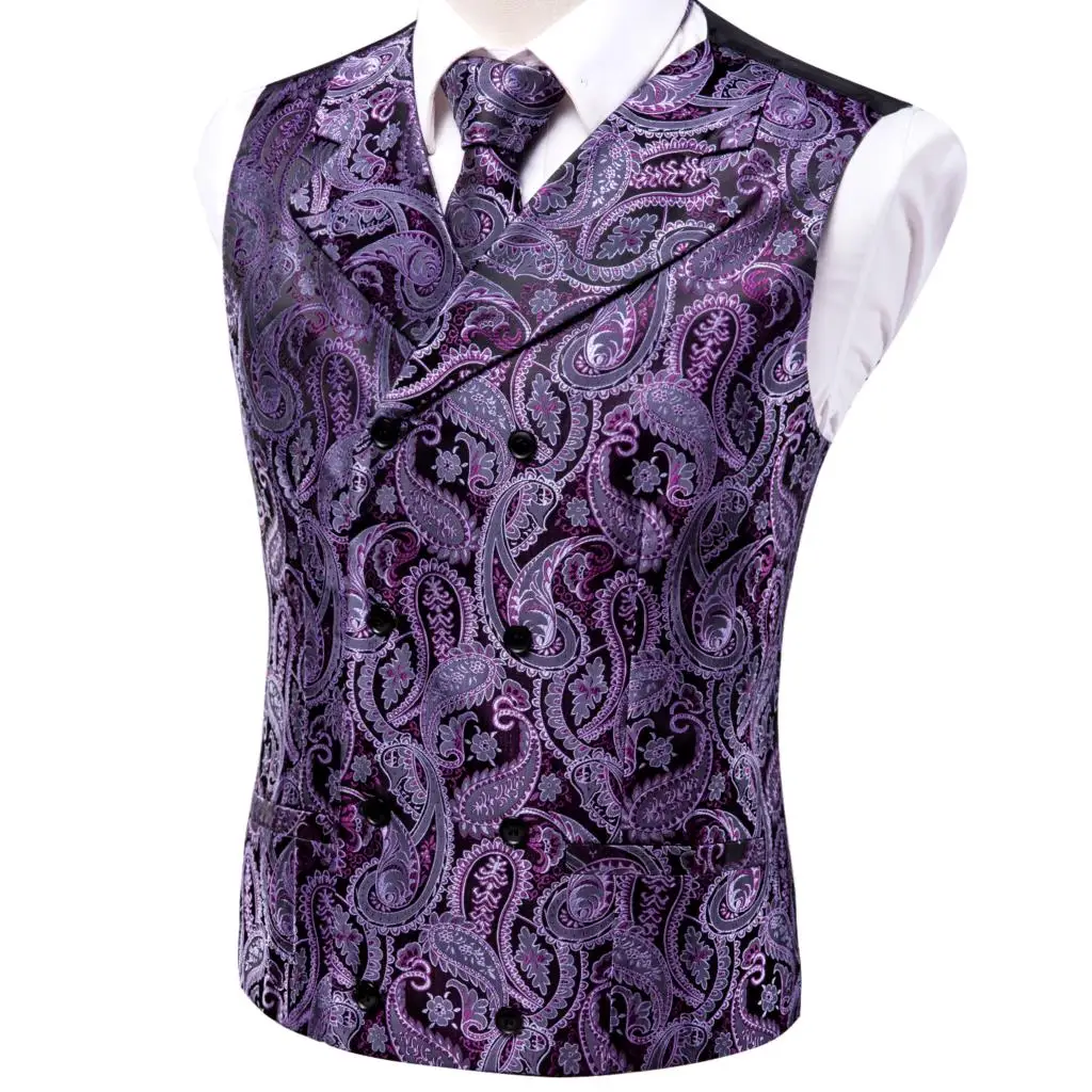 Gravata de colete de seda masculina, colarinho de lapela, vestido sem mangas, gravata colete, punhos de lenço, negócio de casamento, roxo, ouro,