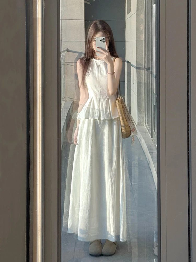 

Elegant White Sleeveless Top And Skirt Set Women's Fashion Spring New Arrival Gentle Style Comfortable Fit High Waist Long Skirt