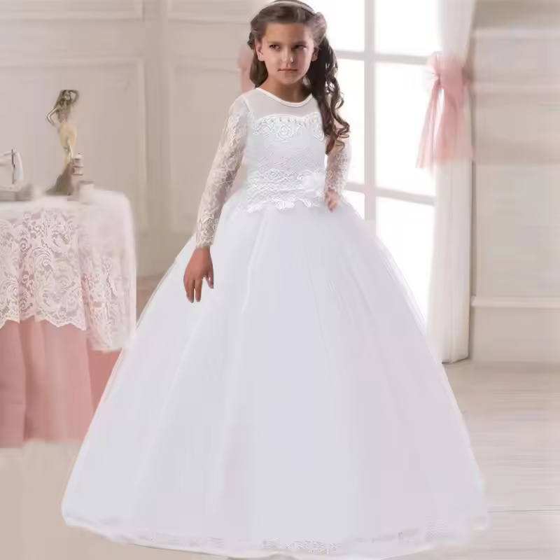 Long Sleeve White Bridemaid Girl Party Dresses Wedding Costume Bow Lace Flower Princess Dress for Kids Baptism Pageant Prom Gown