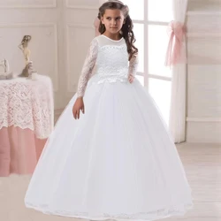 Long Sleeve White Bridemaid Girl Party Dresses Wedding Costume Bow Lace Flower Princess Dress for Kids Baptism Pageant Prom Gown