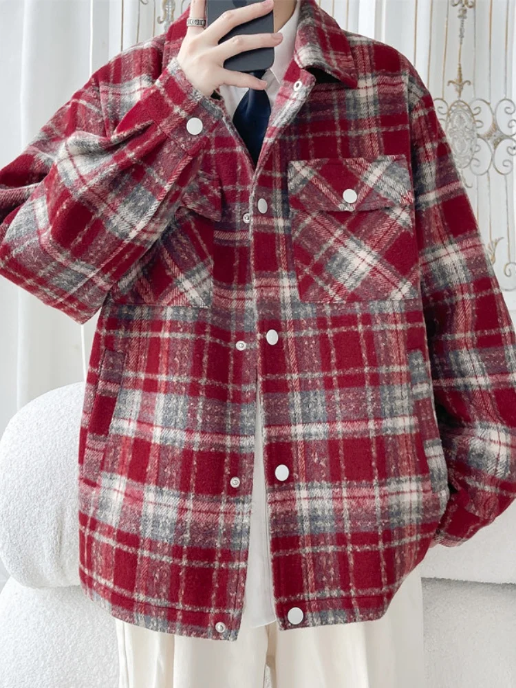 

Preppy Plaid Jaet Men's Spring Autumn Sle Turn-down Collar Workwear American Retro Long Sve Windproof Outerwear Coat