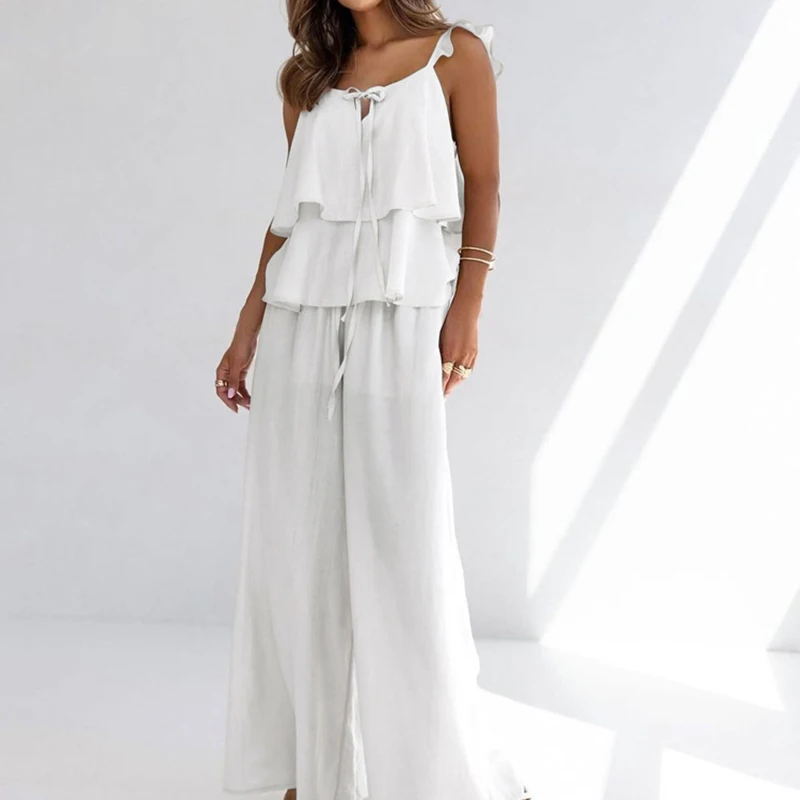 

Solid Casual Strap Pants Outfit Spring Women Sleeveless Camisole Top+High Waist Drawstring Wide Leg Pants Summer Two Piece Set