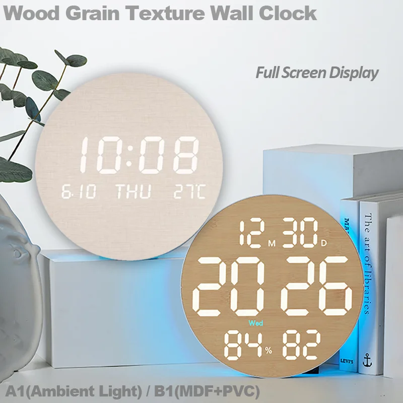 Digital Wooden Wall Clock 12/24H Fashion Silent Clock Countdown Dual Alarm LED Table Clock Auto Dimmer Bedroom Home Decoration