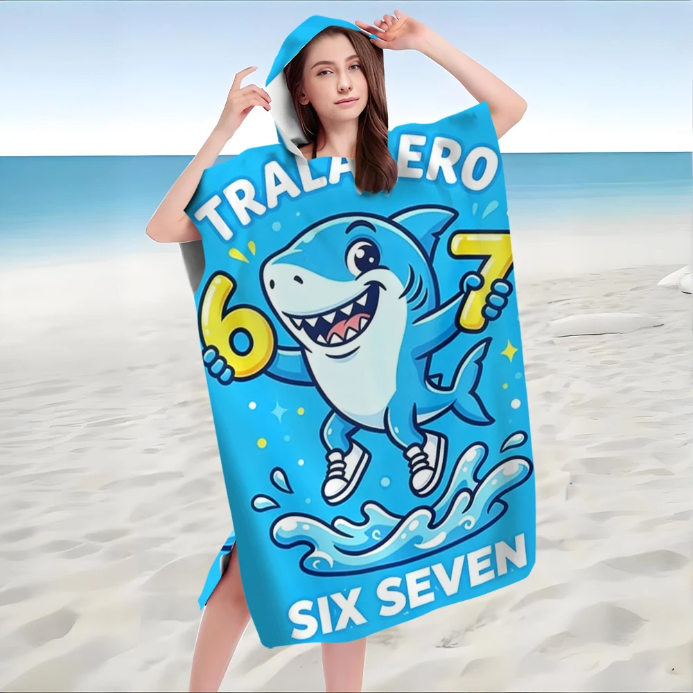1pc Blue Shark Hooded Beach Towel Bath Robe, Microfiber, Highly Absorbent, Soft Summer Bath Towel for Yoga, Swimming, Fitness