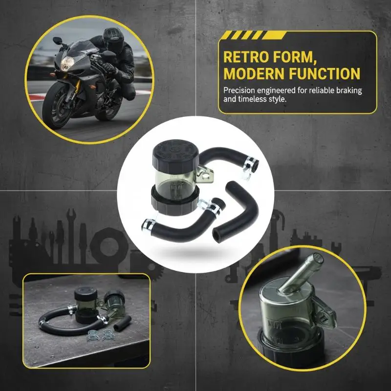 Universal Round Motorcycle Brake Fluid Reservoir Clear Oil Cup with Rubber Hose Easy Install for Motorbike Repair