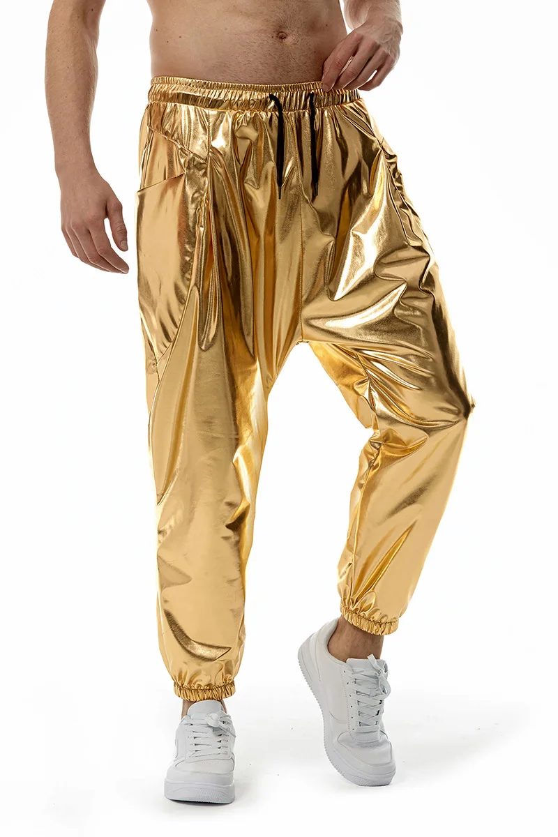 Shiny Metallic PU Leather Sweatpants Men Hip Hop Gold Coated Trousers Disco Nightclub Costume Stage Perform Pants for Singers