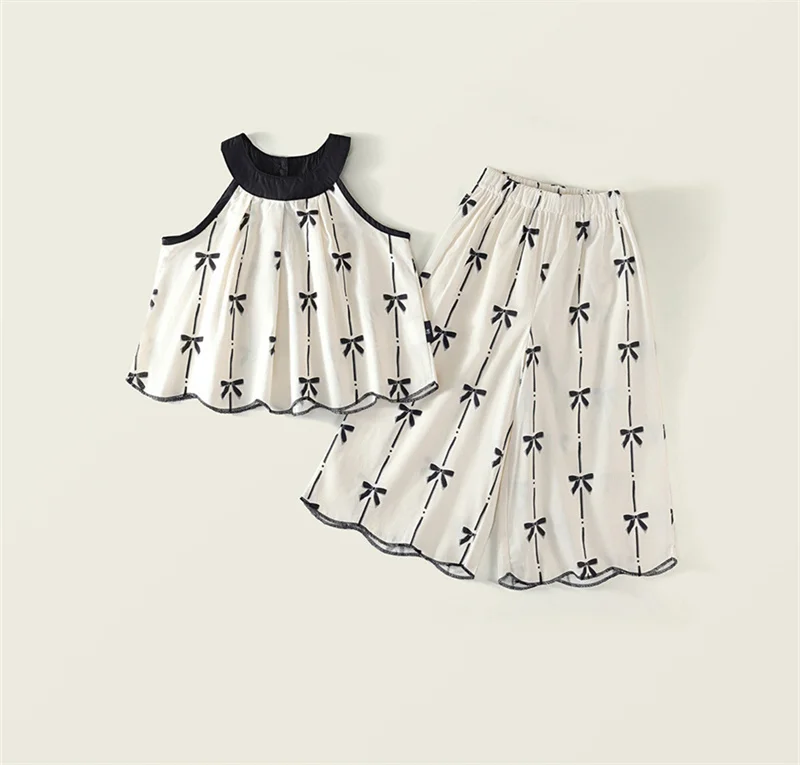 Girls Summer Suit Children Sleeveless Tank+Pank 2Pc Kids Fashion Bow Print Top+Trousers Outfits Baby Daily Clothing Set 2-8Y