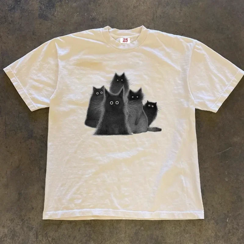 2024 summer T-shirt for women with cute cat print y2k loose casual short-sleeved streetwear hip-hop versatile O-neck white top