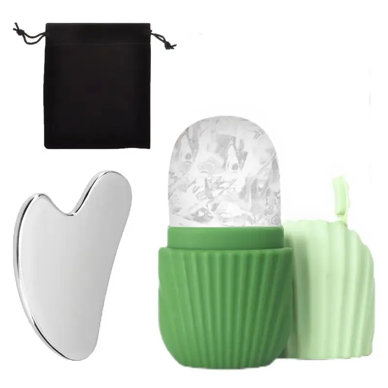 Driedelige gezichtsverzorgingsset, roestvrijstalen hartvormige gua sha-tool, ijsroller, tas