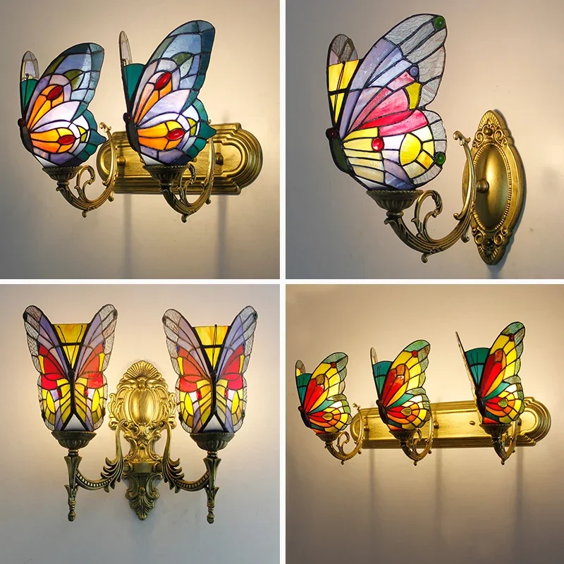 

Butterfly Wall Lamps Home Decor Sconces Mirror Lights Tiffany Mediterranean Bohemian Bedroom Stained Glass Lighting Fixture LED