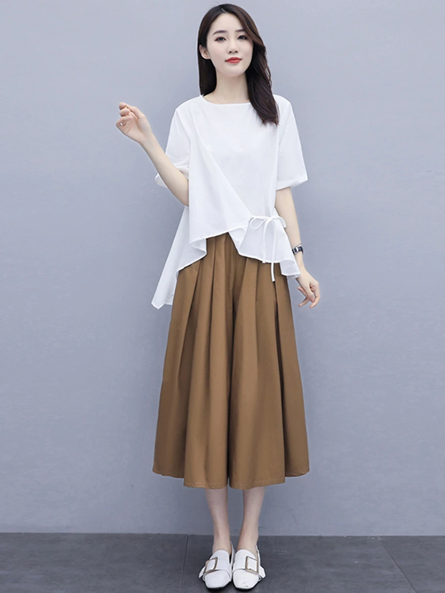 

Хлопково-льняной комплект с широкими брюками, новый летний комплект большого размера для женщин, свободный комплект из двух предметов для похудения, Ele Faionable