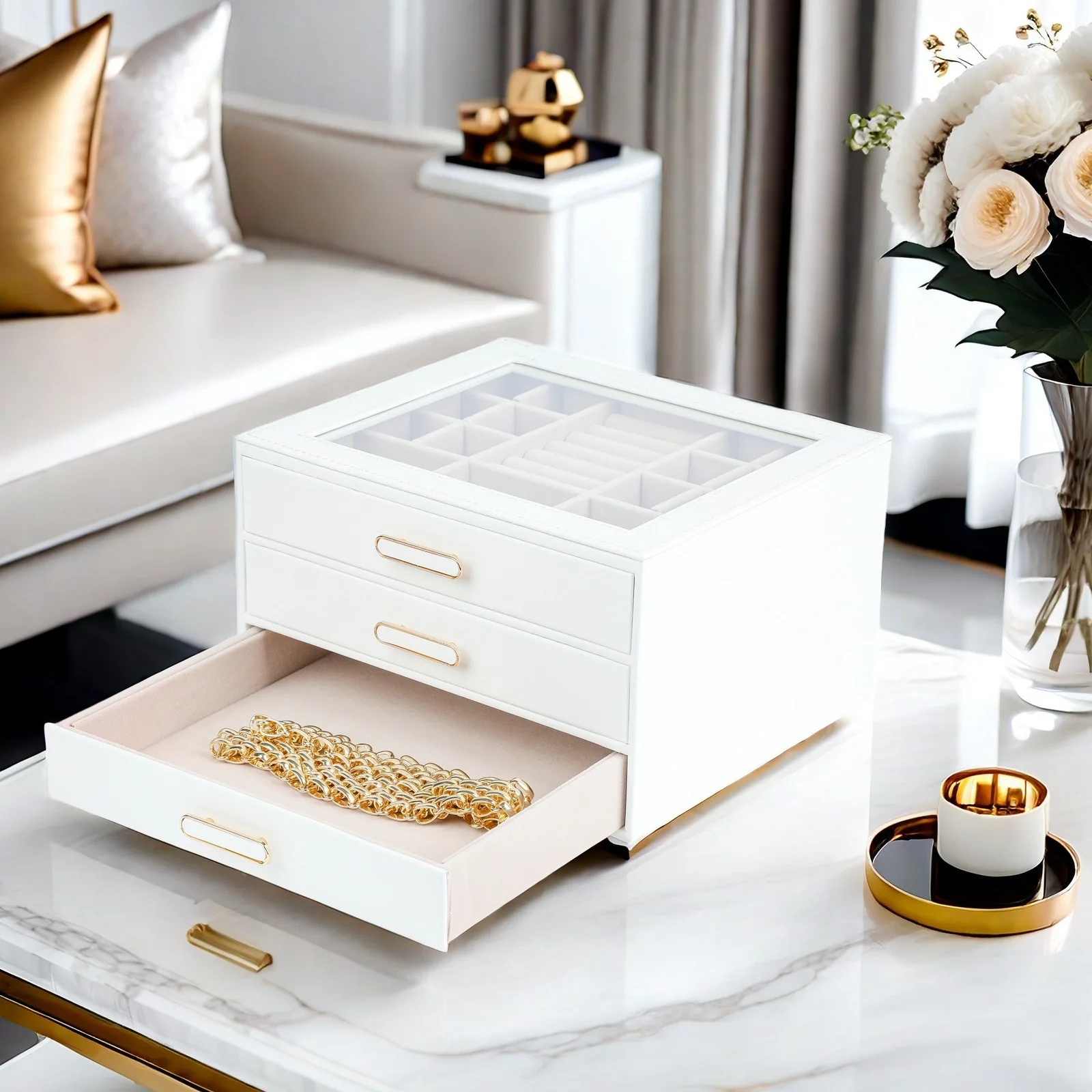 

Portable Jewelry Box 3Layer Rack Leather Jewelry Organizer，Women Jewelry Boxes with 2 Drawers Large Storage Box For Case Watches