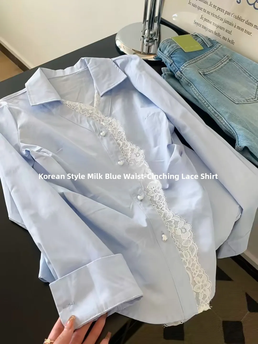 Garniture en dentelle bleue irt Jaet femmes début du printemps taille cintrée longue Sve haut de gamme sensation haut coréen Sle coupe ample bouton De...