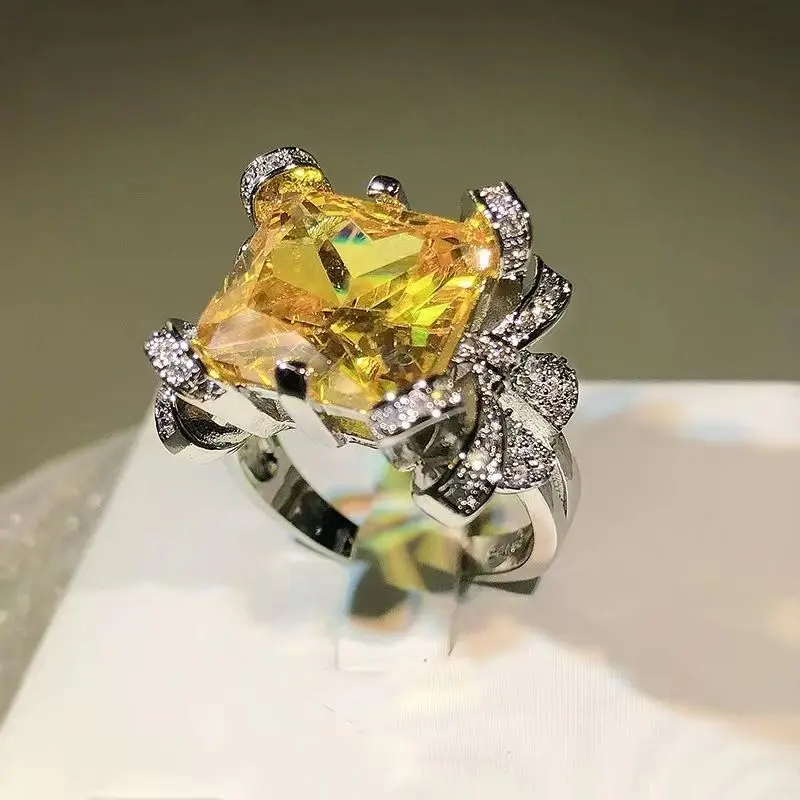 Jewelry European and American Light Luxury Diamond Yellow Princess Square Ice Cut High Carbon Diamond Women's Ring