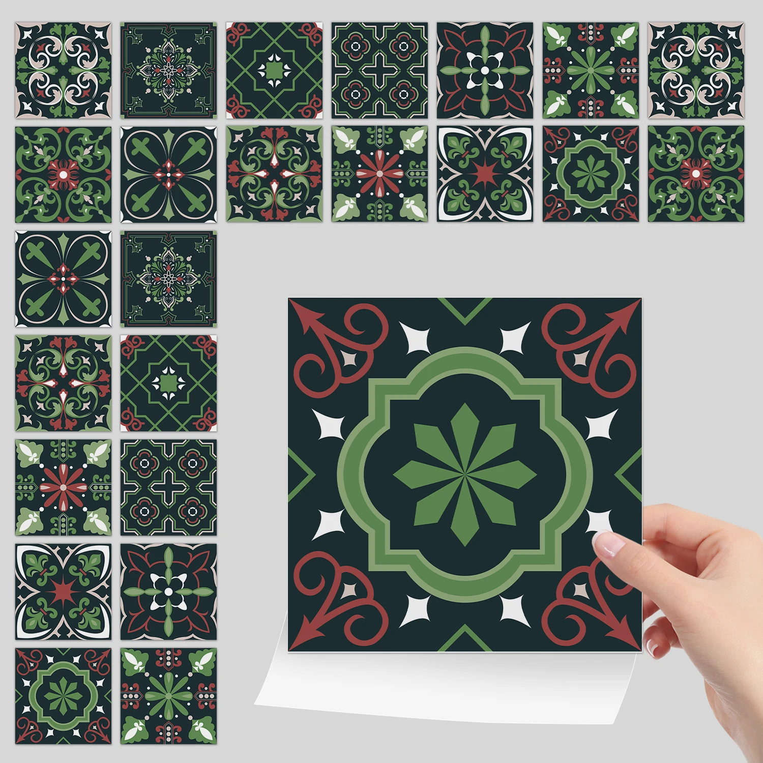 

48 pieces of retro floral tile wall stickers, multi style green and red art self-adhesive, home decoration stickers
