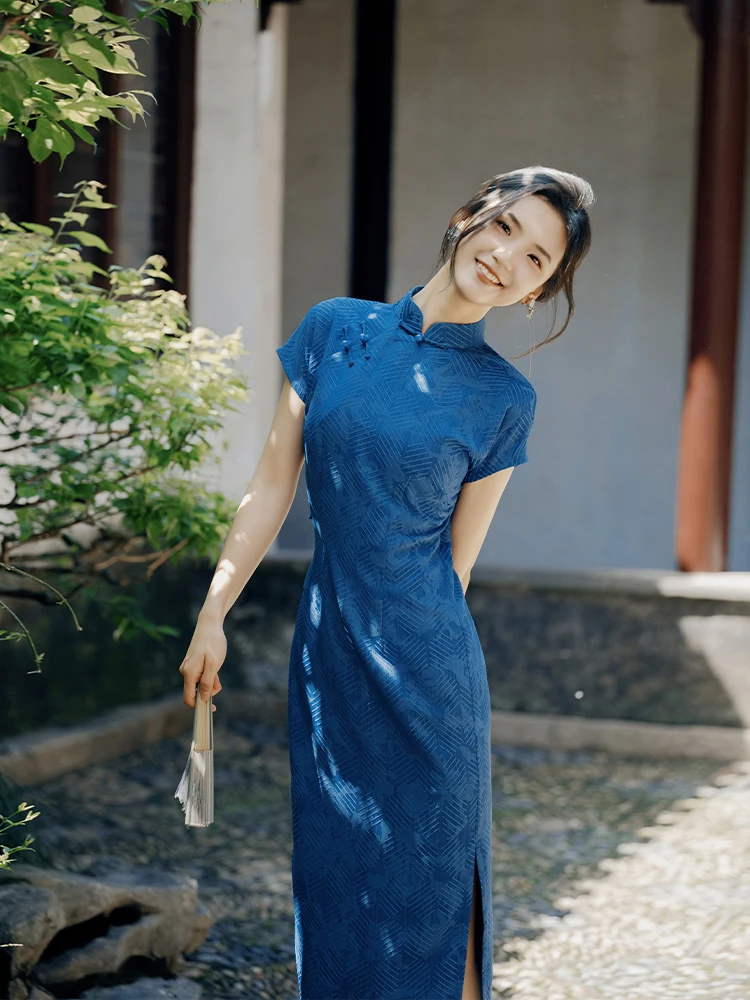 

Женское традиционное китайское платье Ele Long Blue в стиле ретро для повседневной носки, с низким разрезом, дышащее