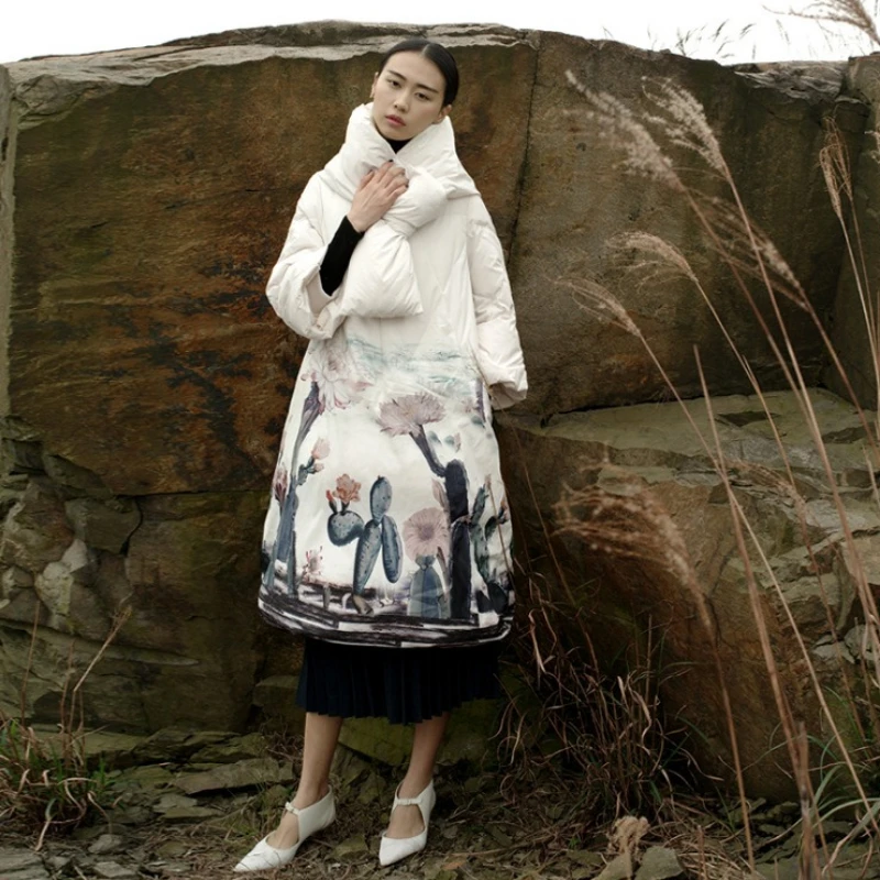 Winter Warm Down Jacket Hooded Scarf Women's Thick White Duck Down Coat High-Quality Design Outerwear Printed Puffer Jacket New