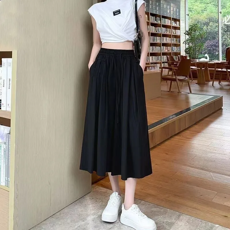 Women's Clothing Spring Summer Solid Color Elastic High Waisted Pockets Drawstring Shirring Casual Chiffon Preppy Style Pants