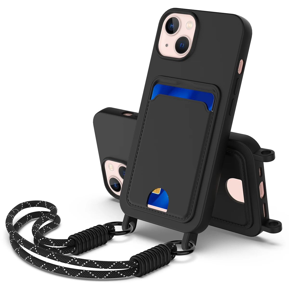 

For iPhone 13 6.1 inch / iPhone 14 Liquid Silicone Case Phone Back Cover with Card Holder and Short Strap - Black