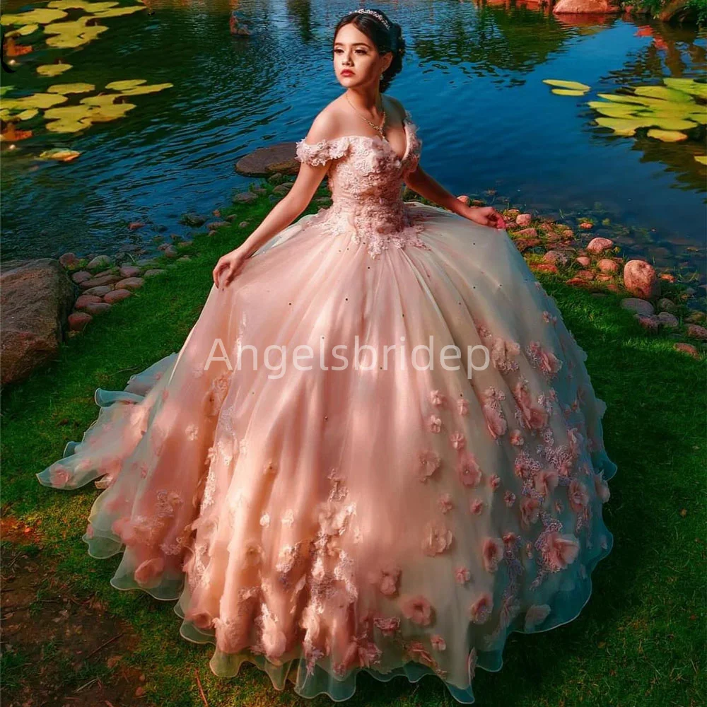 Angelsbride Roze Prinses Baljurk 15 Jaar Oude Quinceanera Jurken Met 3d Handgemaakte Bloemen Brithday Party Vestidos De 15 Años