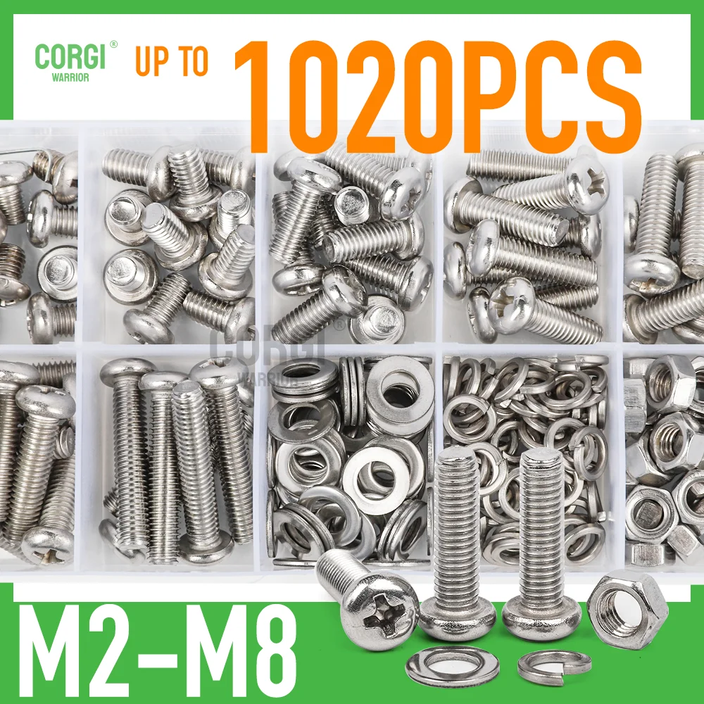 up to 1020 Phillips Machine Screws Assortment Kit M2 M2.5 M3 M4 M5 M6 M8 Pan Head Bolt 304 Stainless Steel Nut Washers Wholesale