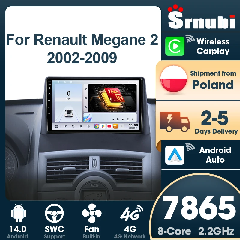 Srnubi 2 Din pour Renault Megane 2 2002-2009, navigation GPS, autoradio Android, unité centrale multimédia, Carplay, WIFI, 4G, bouton lumineux, prise en charge SWC, Bluetooth 5.4, systèmes intelligents automobiles, accessoires