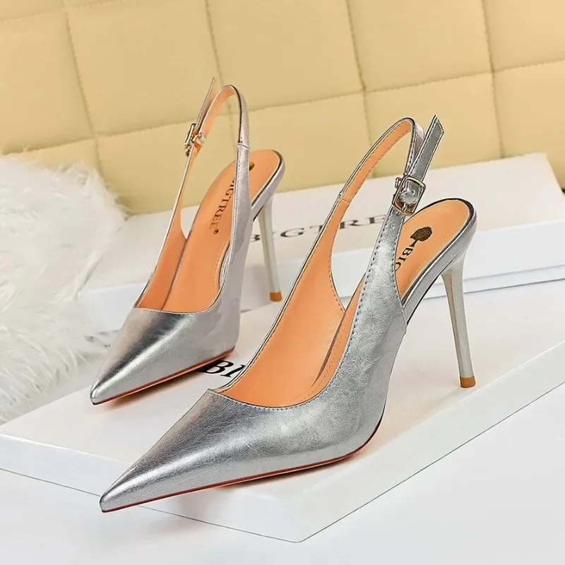 BIGTREE Women European and American Pumps Pointed Toe Solid Patent Leather 9.5CM Thin Heels Back Strap Dress Fashion Woman Shoes