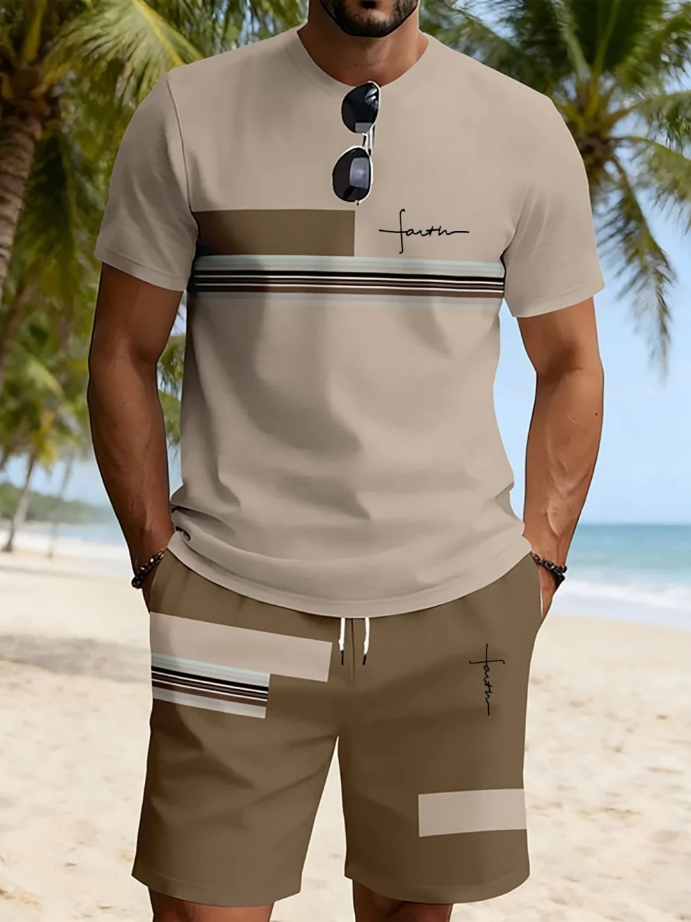 

Mens Simple Stripes Print Fashion Casual Short Sleeve Shorts Set Street Harajuku Style Sports Running Men’s Summer Clothing Set