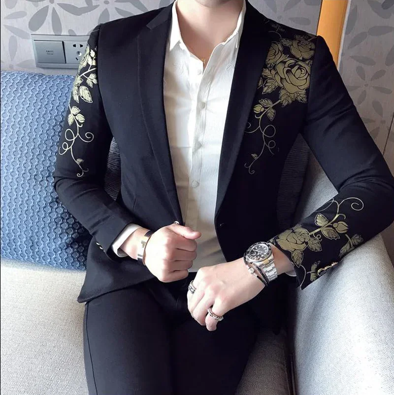 

Gold Flower Print One Button Blazer Jacket Men 2023 Brand New Party Wedding Festival Stylish Slim Suit Blazer Men Costume Homme