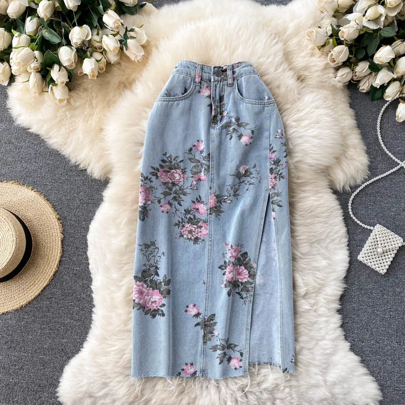 Elegant Floral Print Denim Skirt Women 2023 New Spring Summer Long Jeans Skirt High Waist Sexy Side Split Vintage Party Skirts