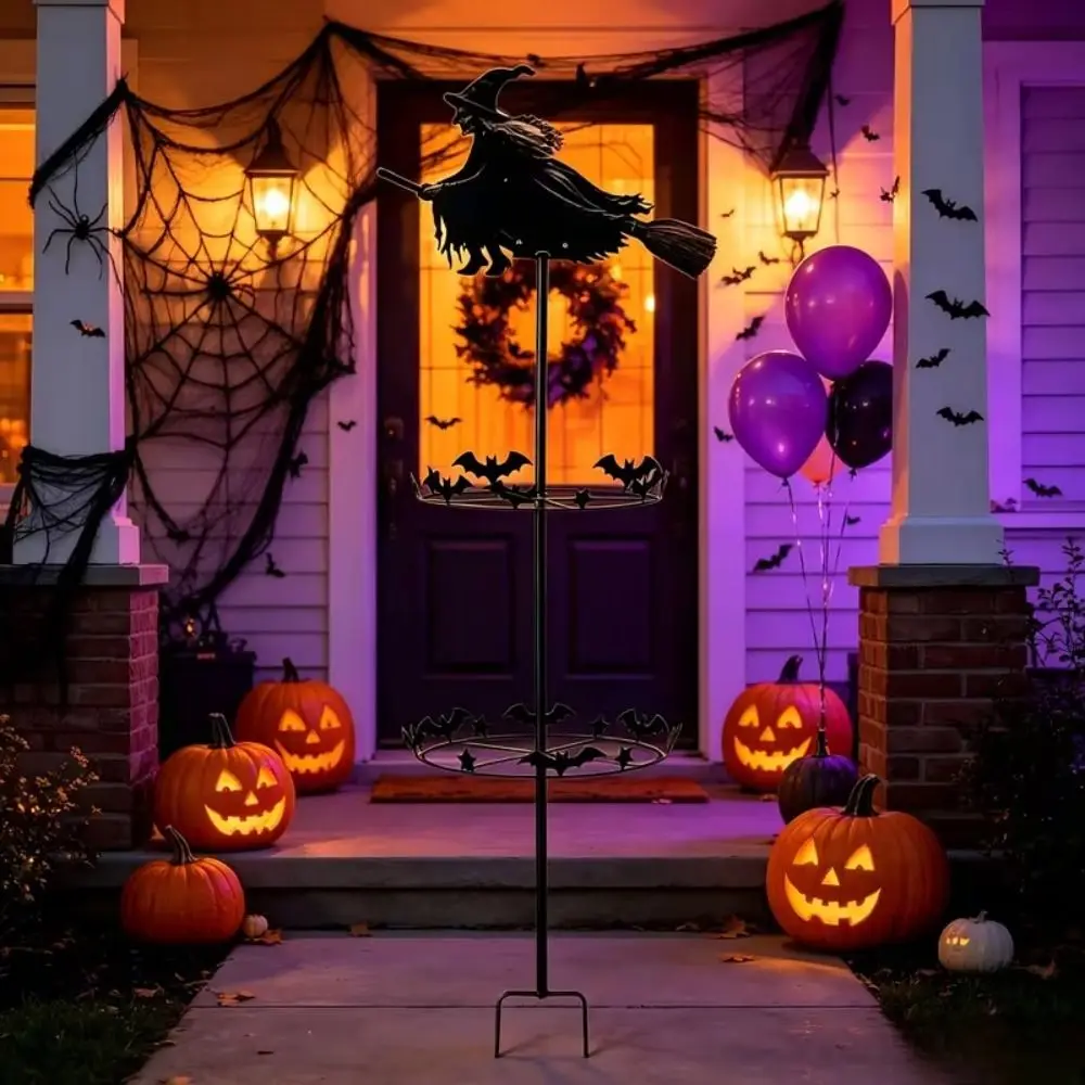 Witch and Bat Pattern Halloween Witch Garden Windmill Metal Halloween Yard Art Outdoor Decor Outdoor Garden Stake Decoration
