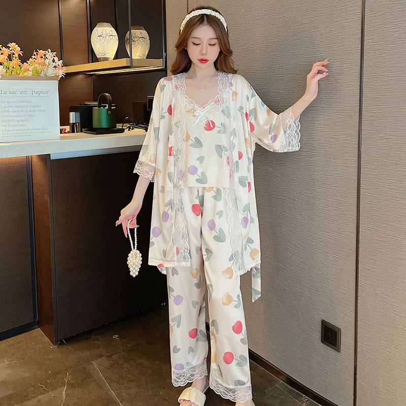 Women's Pajamas Set Robe Suspender Trousers Nightwear Three-piece Set Nightgown Sexy Lace Edge Casual Home Clothes Sleepwear