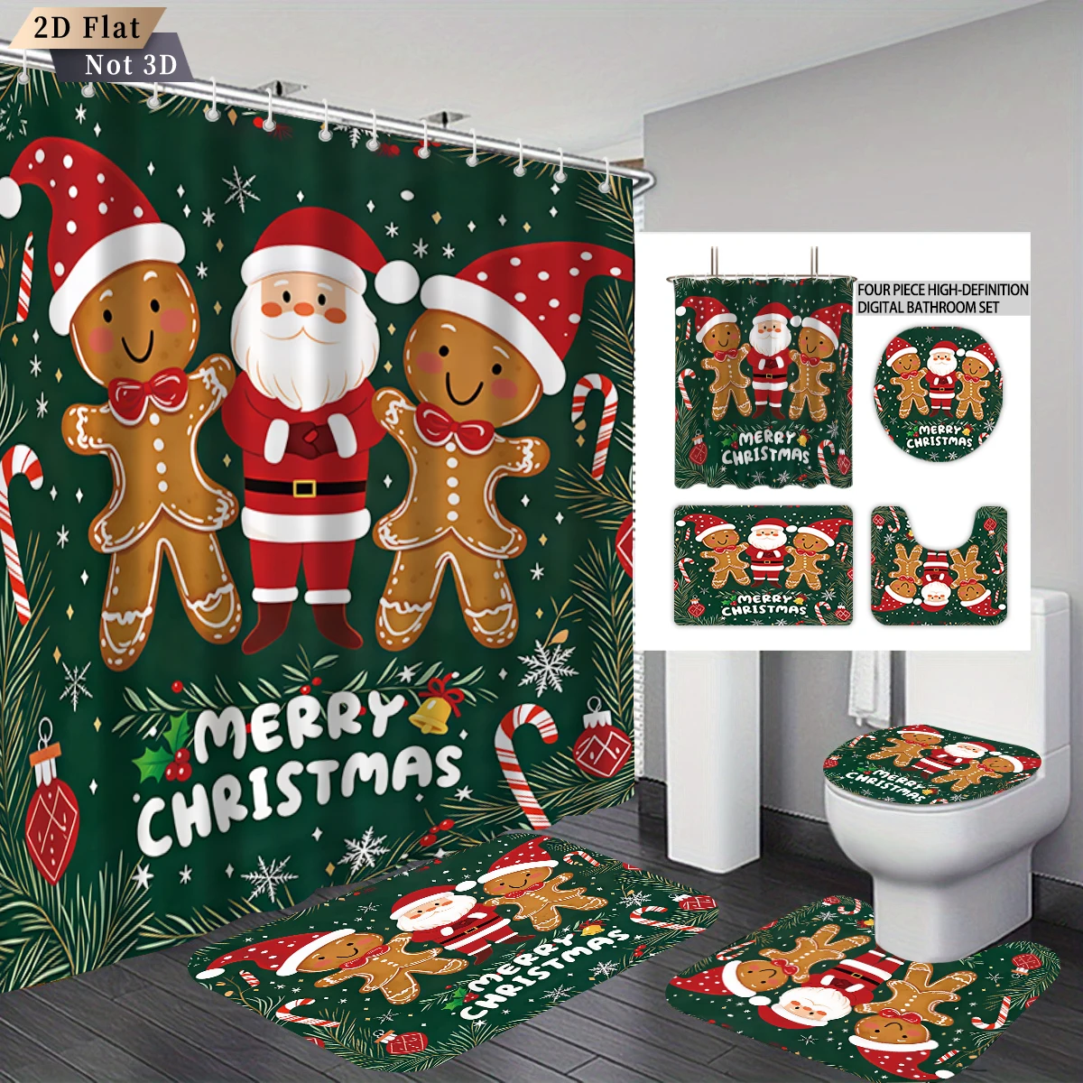 4pcs Christmas Gingerbread Man Santa Letter Print Bathroom Set Waterproof Shower Curtain Toilet Cover U Shape Rug Xmas Bathro