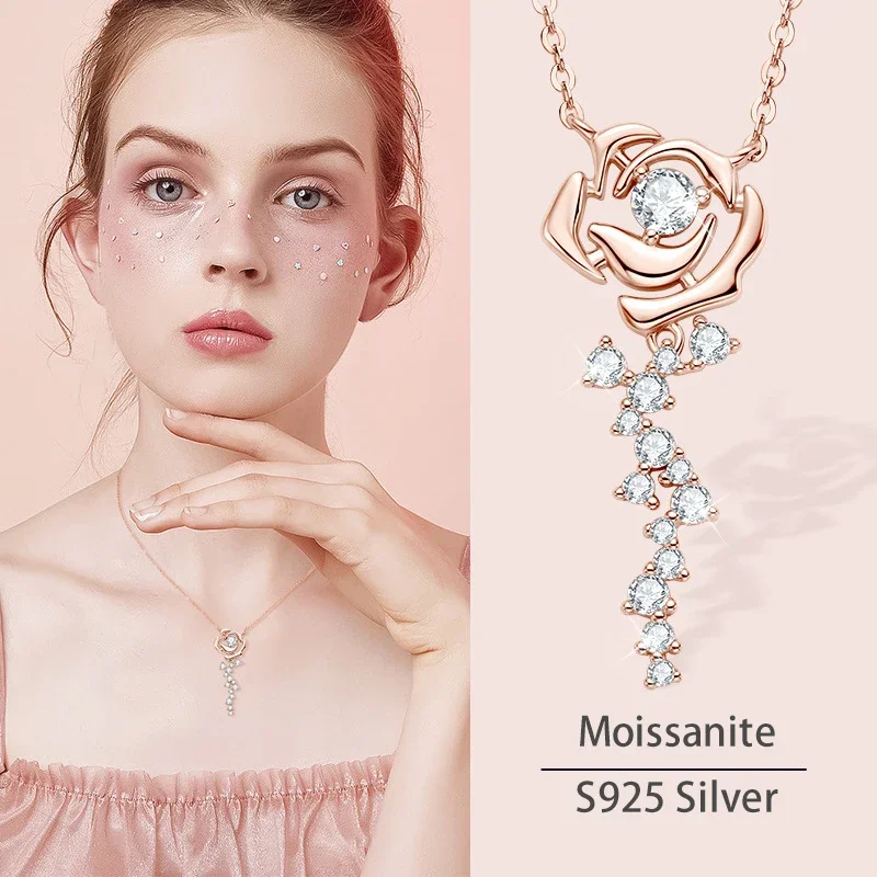 0.56CTTW D Color Moissanite Ins Style Rose Flower Pendant Necklaces Girl's S925 Silver with Certificate Wedding Jewelry Necklace