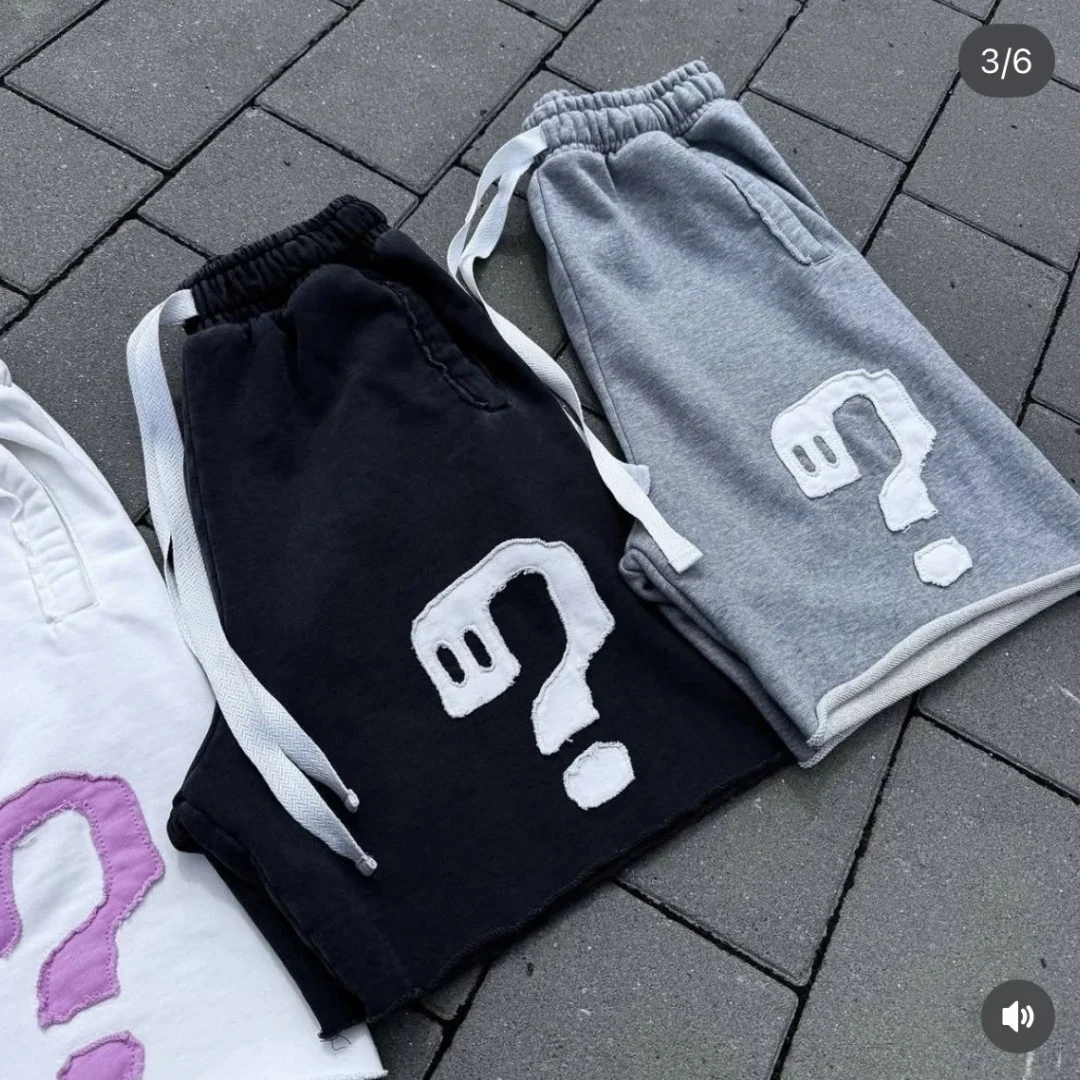 Paar sportbroeken met vraagtekenborduurwerk Vintage hiphop casual shorts met trekkoord voor heren en dames streetwear