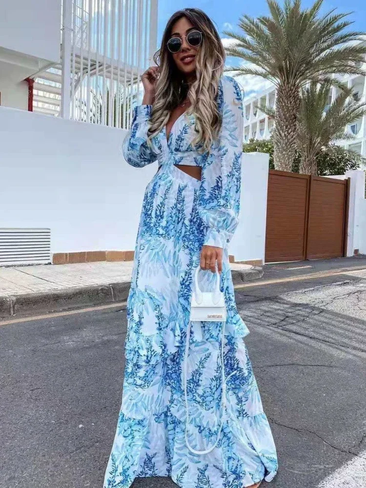 

Trendy Summer Long Sleeve Printed Wrinkled Long Dress Hollow-out Strawberry Fashion Sexy Beach Dress Harajuku Women's Dress