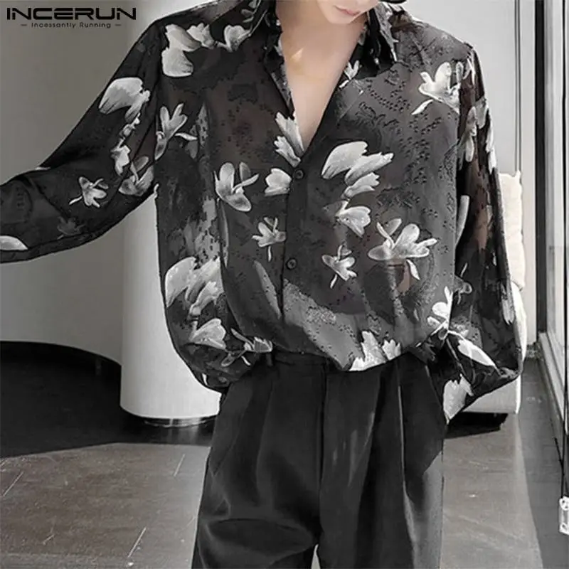 INCERUN Men Shirt Printing Chiffon Lapel Long Sleeve Loose Casual Men Clothing Streetwear 2024 Fashion Leisure Male Shirts S-5XL