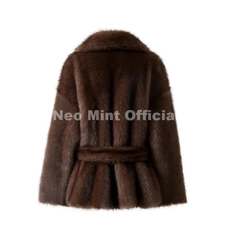 Neo Mint Winter 2026 New Stylish Mocha Brown Belted Wrap Fur Coat Women Street Fashion Girls Fluffy Faux Fox Fur Jacket Overcoat